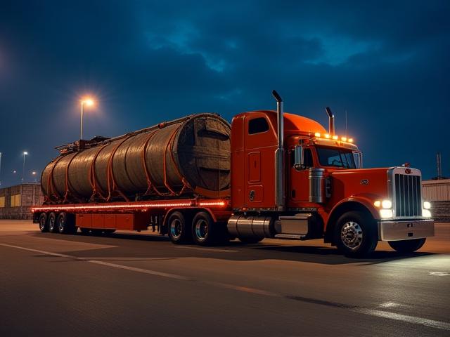 Hot shot trucking rig with flatbed trailer hauling industrial machinery