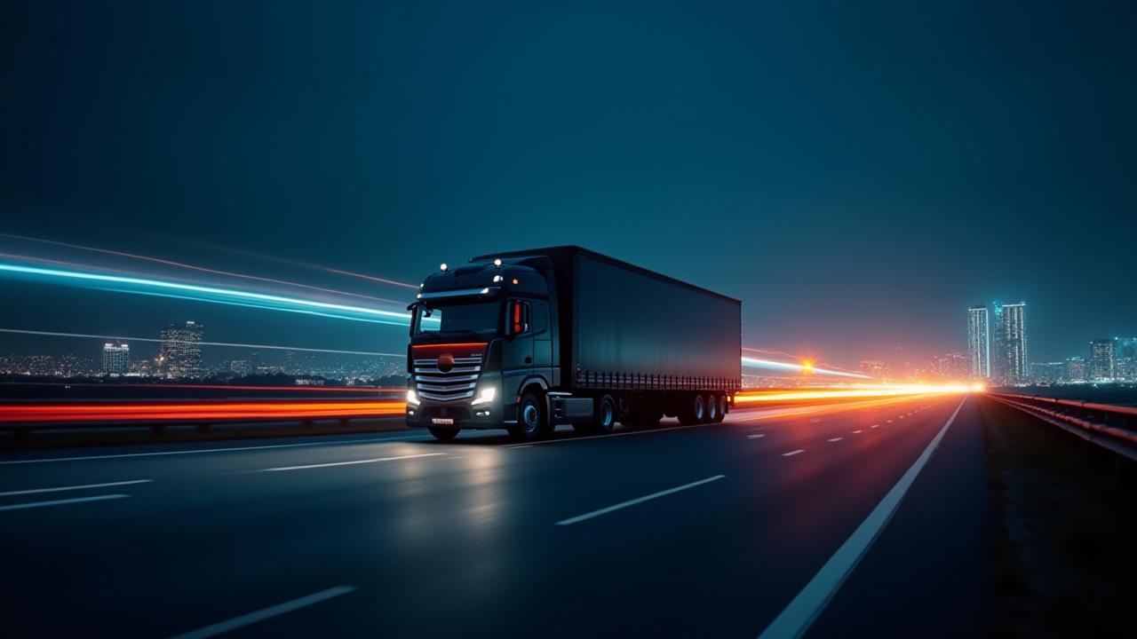 Expedited truck moving at high speed on a highway at night with light trails
