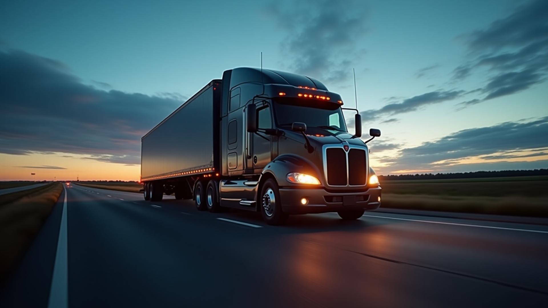Heavy duty Kings Ransome truck on a Michigan highway at twilight