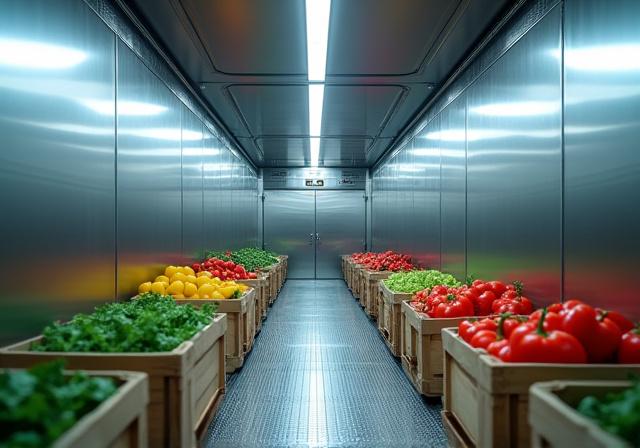 Vibrant, fresh Michigan produce stacked organized within a stainless steel reefer cargo hold with visible airflow vents