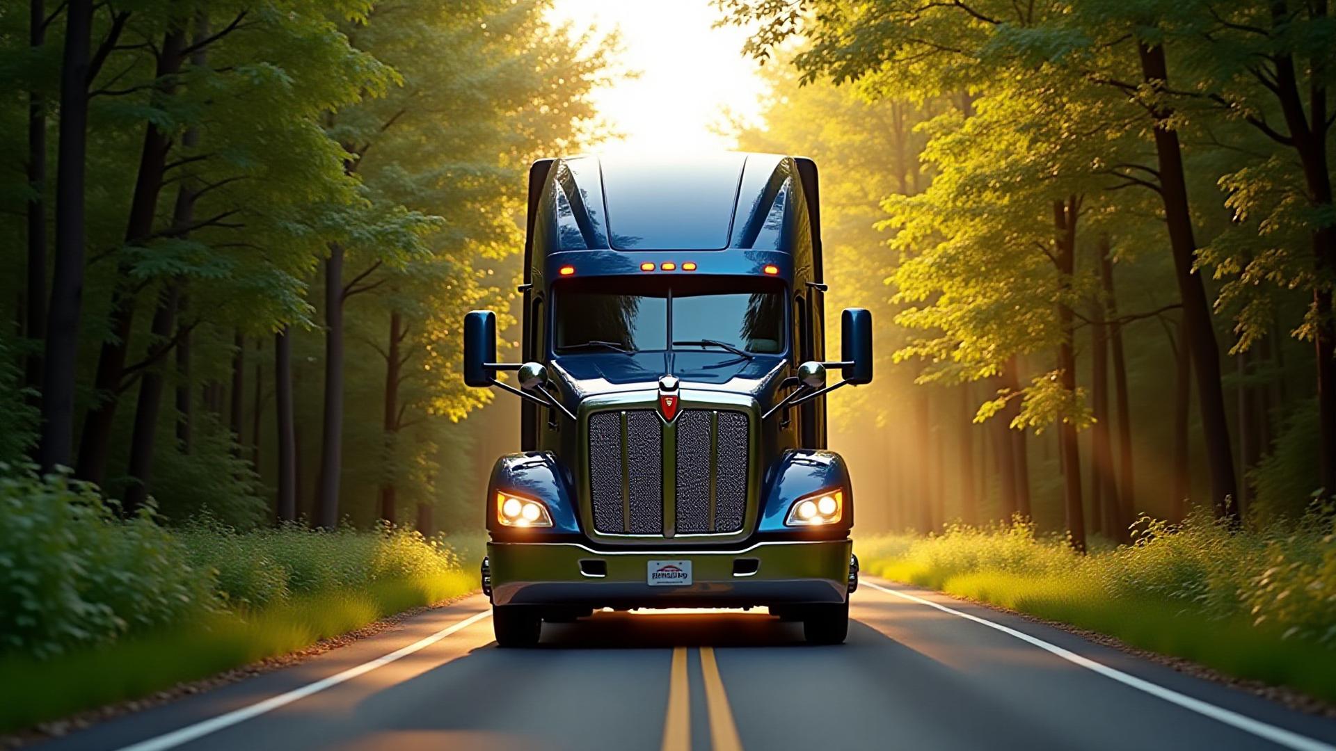 A modern Kings Ransome logistics heavy-duty truck driving through a lush, sustainable forest environment in Michigan.