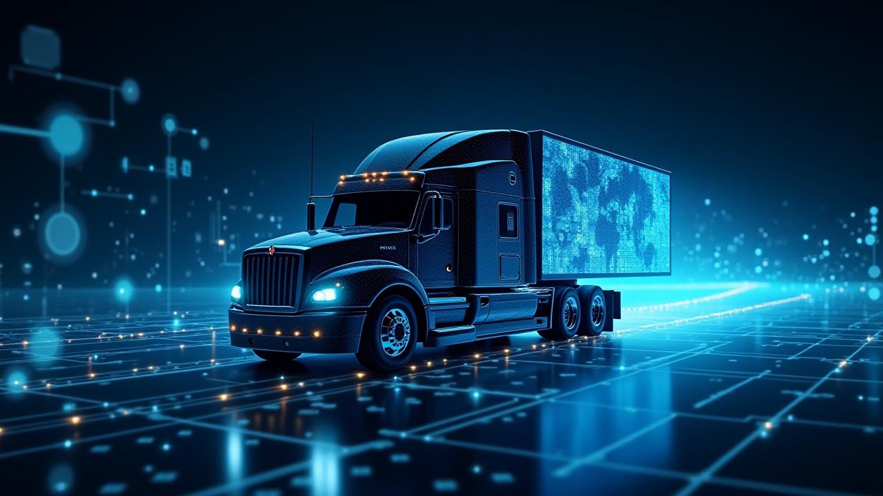 Digital interface showing freight routes and data points over a dark background